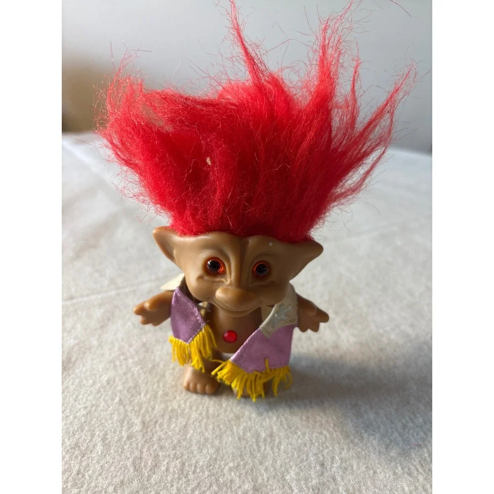 Vintage Ace Novelty Troll Doll Red Hair Brown Skin Purple Vest‎ Gemstone